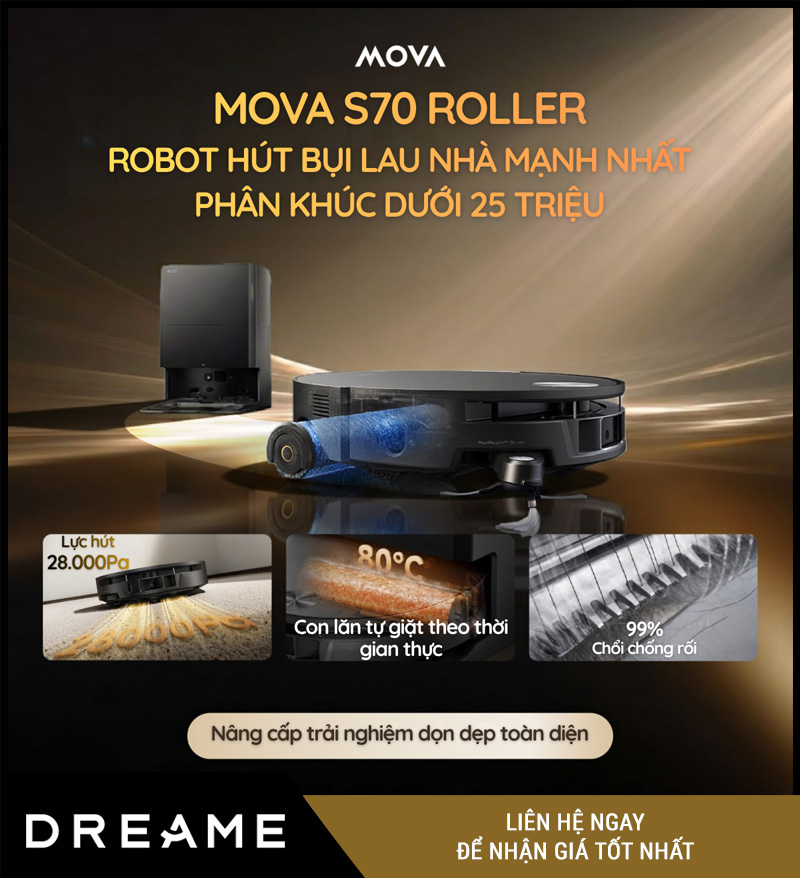 Mova S70 Roller Trắng/Đen - Robot hút bụi lau nhà